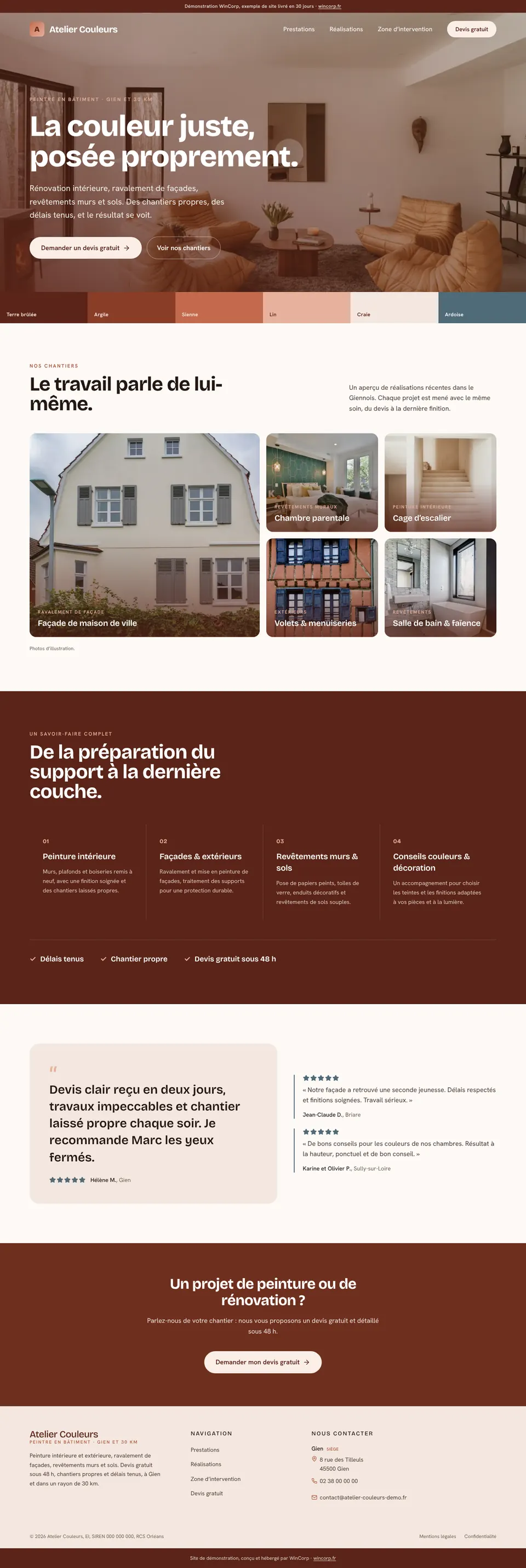 Page d'accueil du site de démonstration Atelier Couleurs : hero terracotta, galerie de réalisations de peinture.