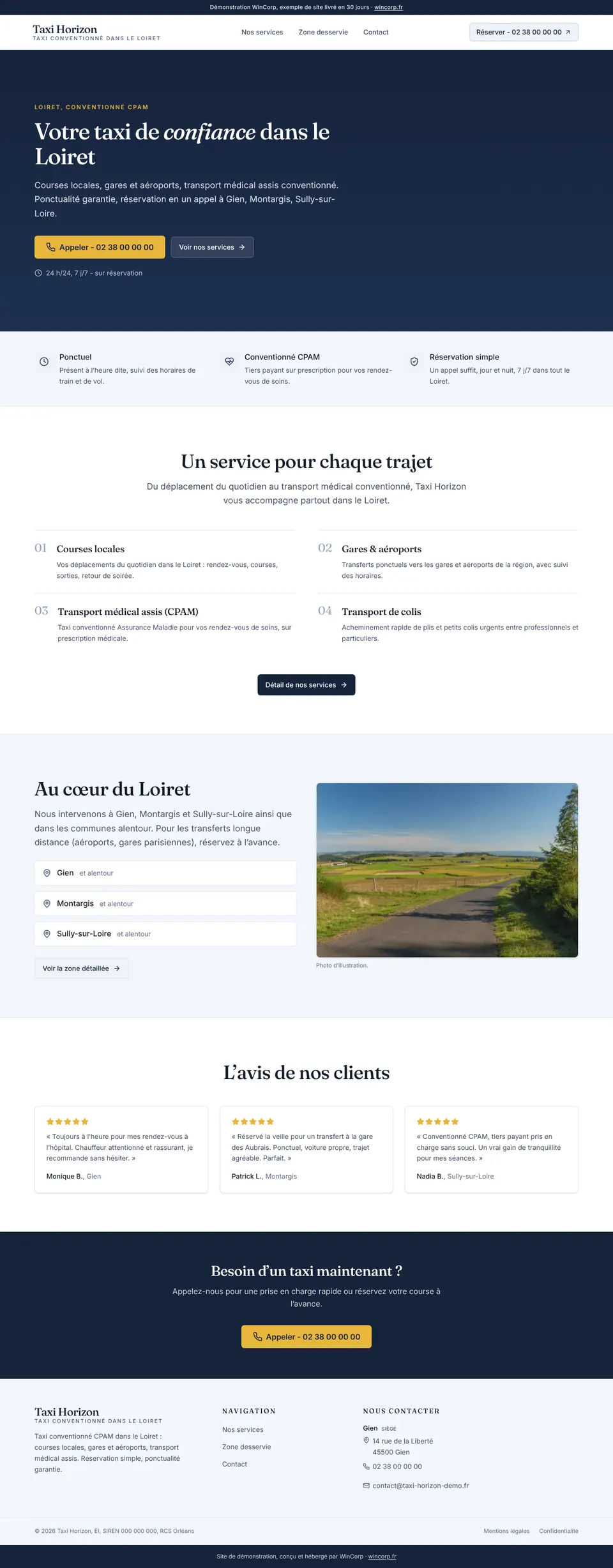 Page d'accueil du site de démonstration Taxi Horizon : hero bleu nuit, bouton d'appel proéminent.