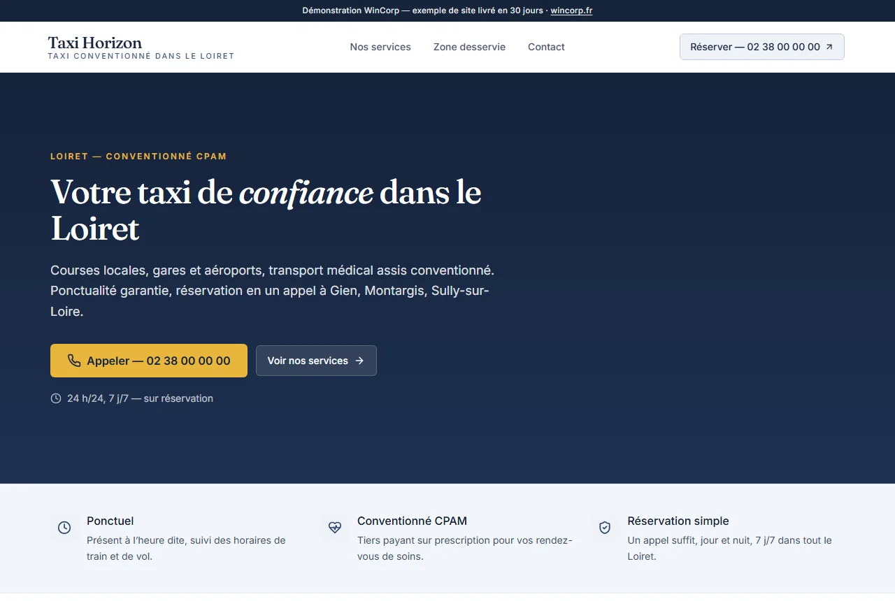 Page d'accueil du site de démonstration Taxi Horizon : hero bleu nuit, bouton d'appel proéminent.