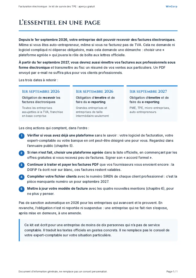 Page « L'essentiel en une page » du guide : les trois dates et les cinq actions.