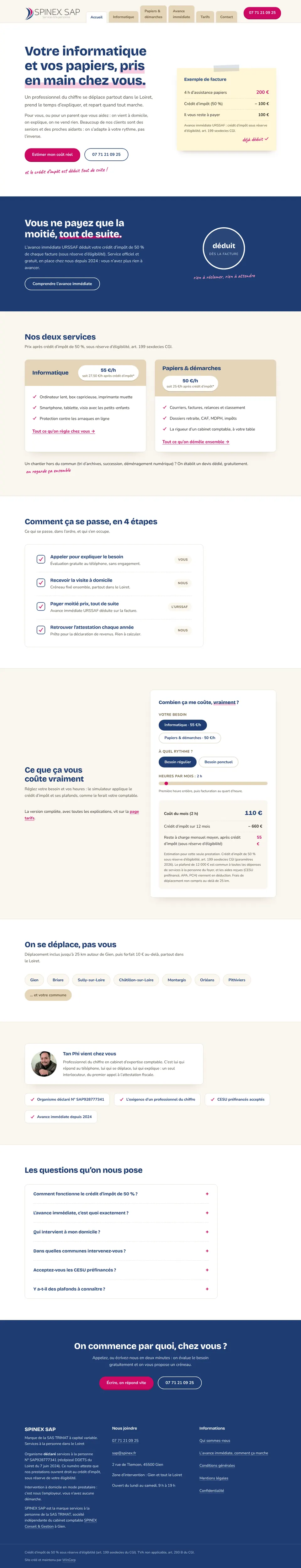 Page d'accueil de trimat-services.fr : héro crème SPINEX SAP, exemple de facture avec crédit d'impôt déjà déduit.